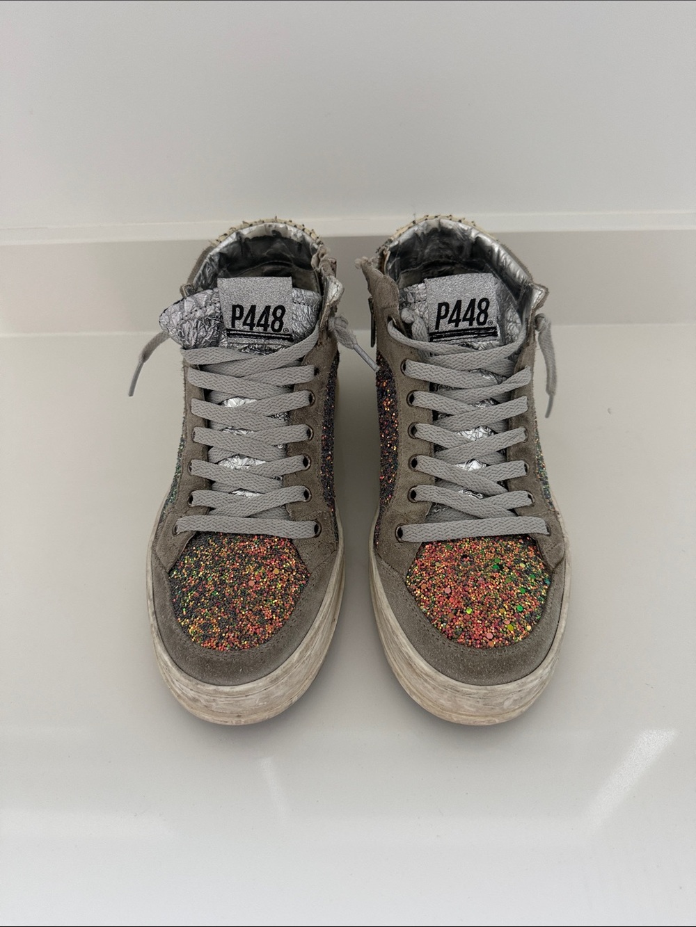 P448 Gray Suede High-Top Sneakers with Multicolor Glitter